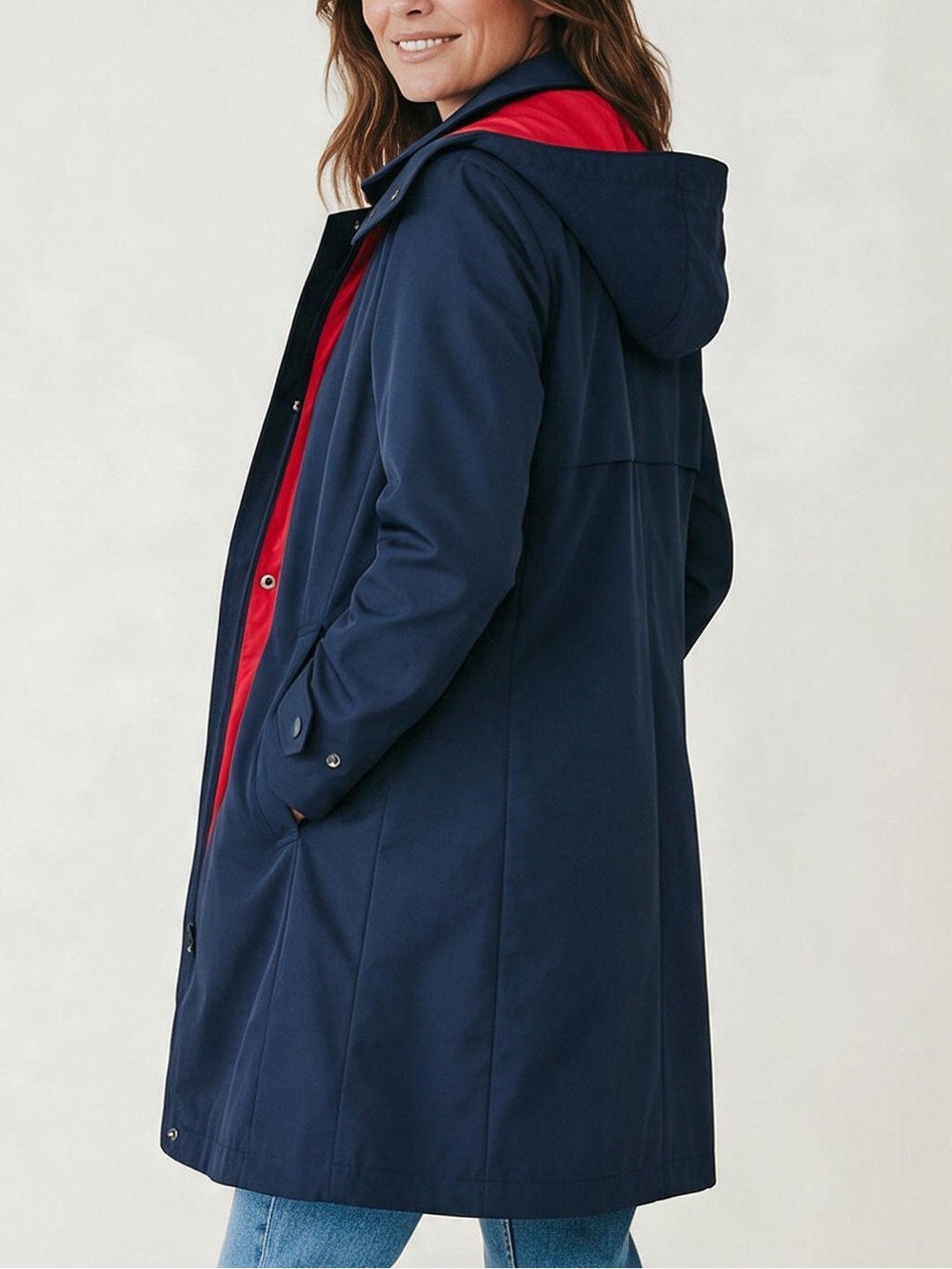J.Crew Navy Blue Hooded Trench Jacket Coat XXS Red Lining Cotton